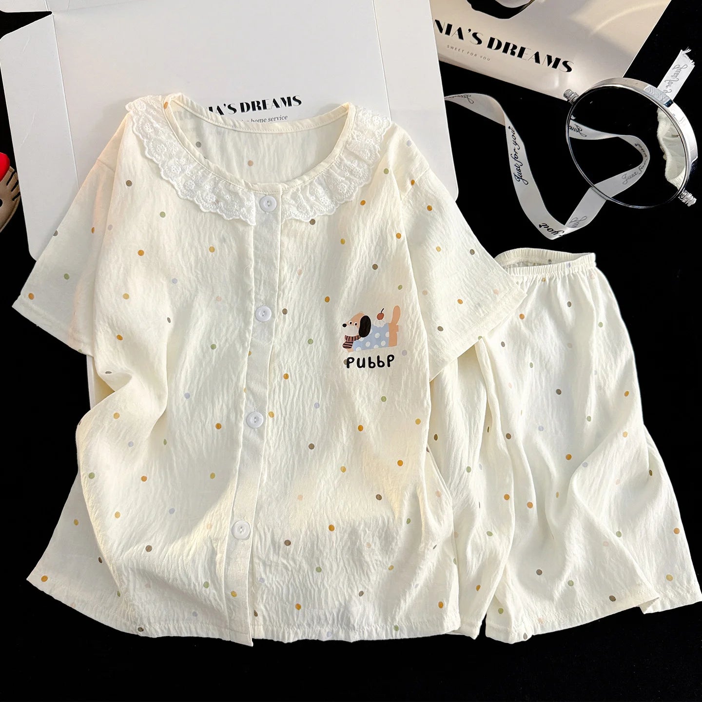 2026 Kids Girls Soft Ribbed Pajama Outfit, Breathable Short Sleeve Button Front Loungewear Set with Frill Details for Summer
