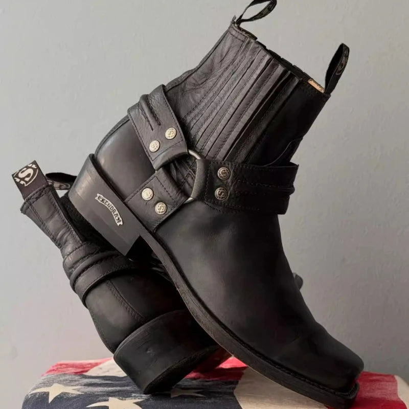 Black Short Boots for Women, Retro Distressed Boots, Square Toe Thick Heel Boots,moto Increased Mid-century Boots