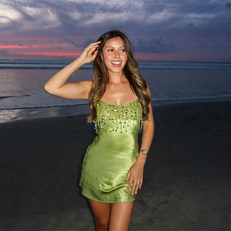 Sequin Tassel Beach Mini Dress Women Satin Spaghetti Straps Square Neck Party Club Short Skirt 2026 NEW Summer Vacation Dresses
