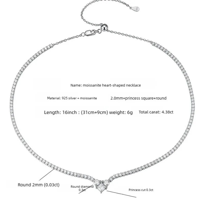 Heart Moissanite Tennis Chain Necklace 925 Sterling Silver Hiphop Rock Women Girls Party Link Necklaces Pass Diamond Tester