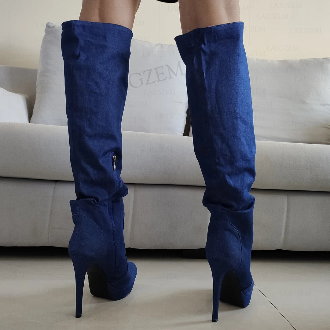 LAIGZEM Women Over Knee High Boots Denim Botas Mujer Platform High Heels Boots Unisex Ladies Shoes Woman Big Size 41 43 45 50 52