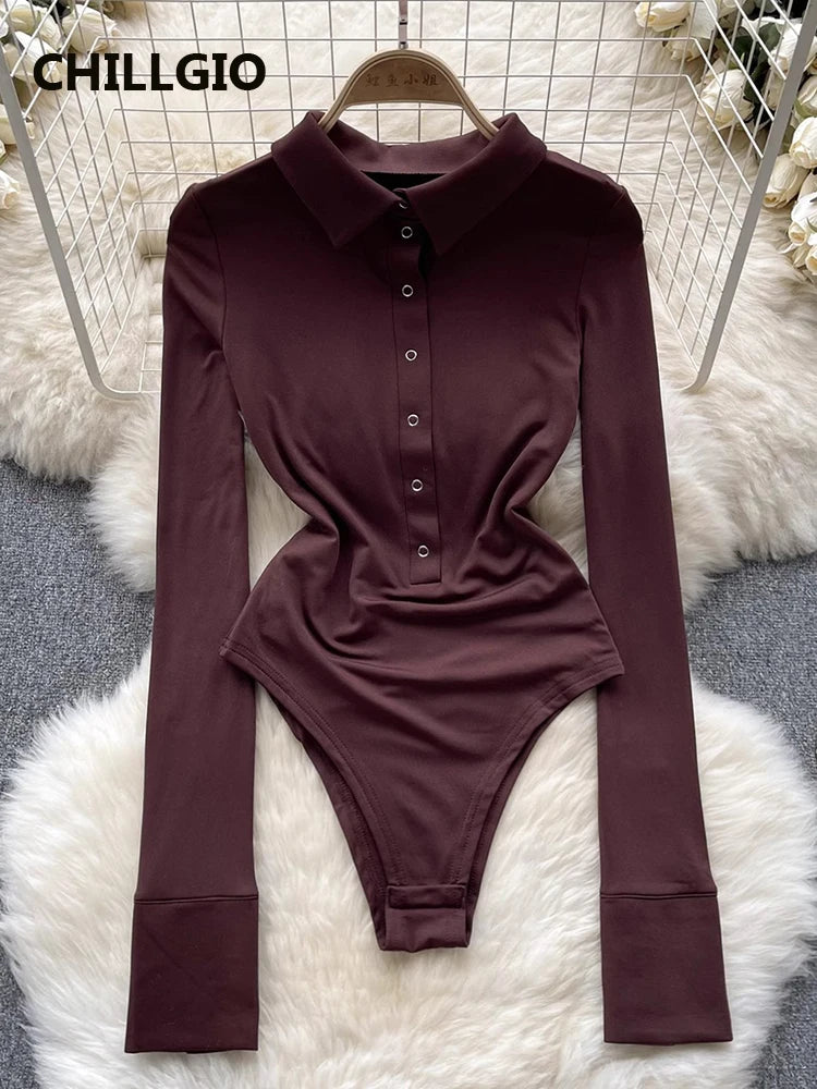 CHILLGIO Women Turn-down Collar Button Rompers Fashion Slim One Piece Combination Tights Autumn Long Sleeve Solid Tight Bodysuit