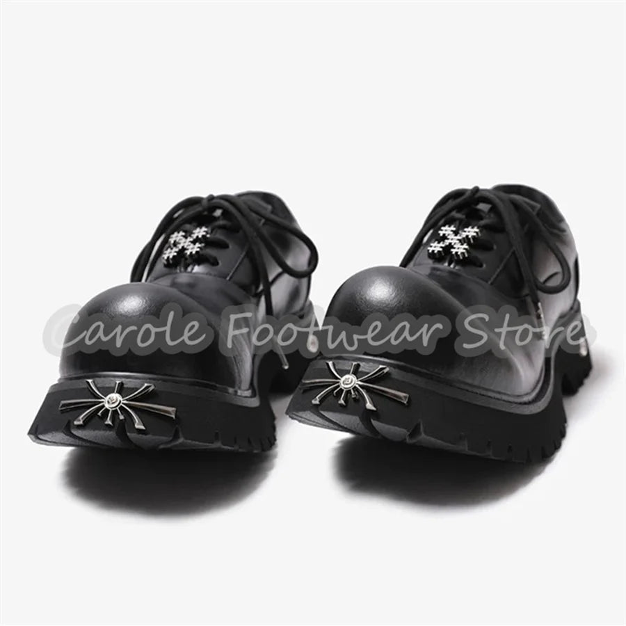 Punk Metal Decor Big Head Lace-Up Sneakers Male Chunky Bottom Height Increase Single Shoes British Style Leather Casual Shoes