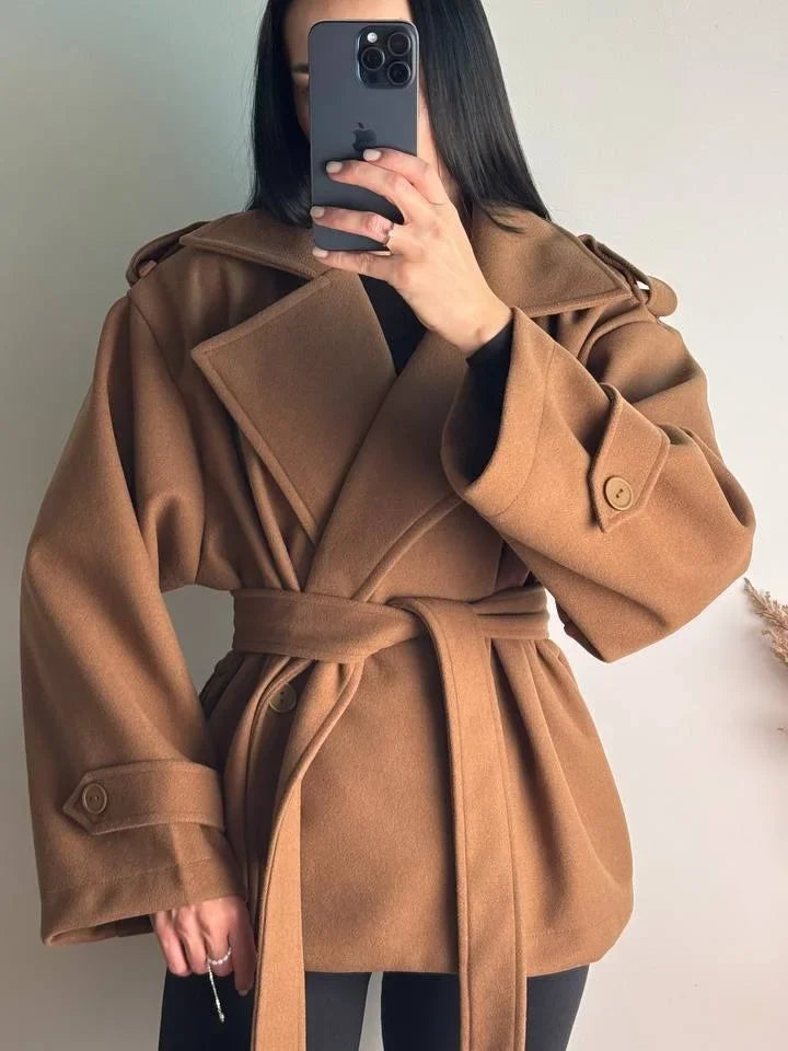 Women Short Wool Blend Trench Coat Lapel Collar Belted Waist Wrap Long Sleeve Loose Overcoat Casual Autumn Winter Lady Jackets