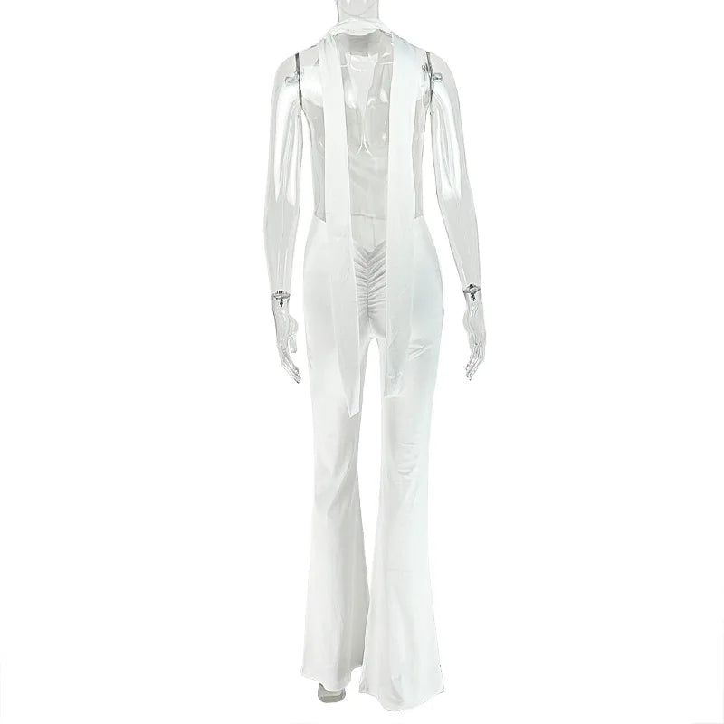 Women's Lace-Up Bandage Halter Swinging Collar Sleeveless Backless Sexy Loose Jumpsuits Solid Color Casual Long Romper