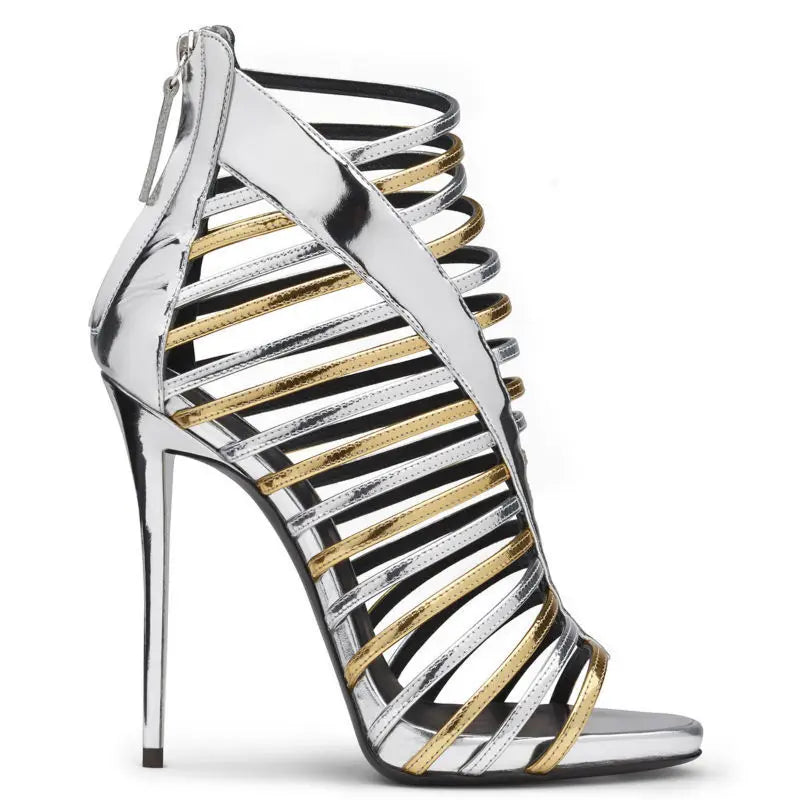 2026 Metallic Silver Gold Gladiator Sandals for Women, Open Toe Platform Stiletto Heels, Cross Strap Cage Bootie Sandals Party