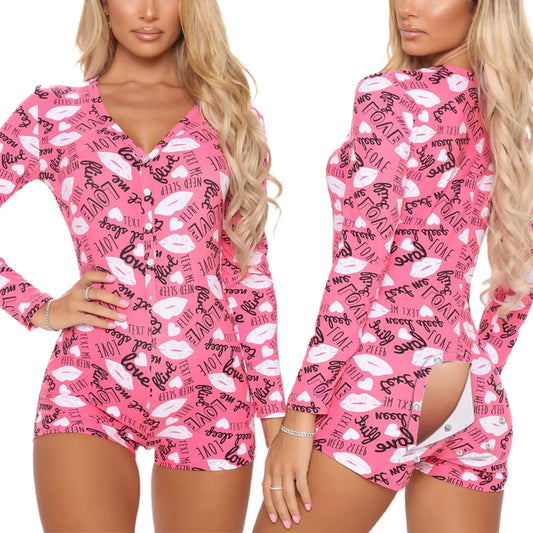 Combhasaki Women's Sexy High Waist Functional Buttoned Flap OnesEies Casual Pattern Print Romper Long Sleeve Playsuit Homewear