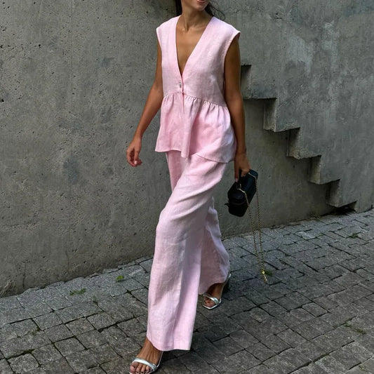 2 Pieces Women Sets 2026 Cotton V-Neck Sleeveless Top Vest + Long Pants New Solid Color Two-Piece Sets Women's Clothing