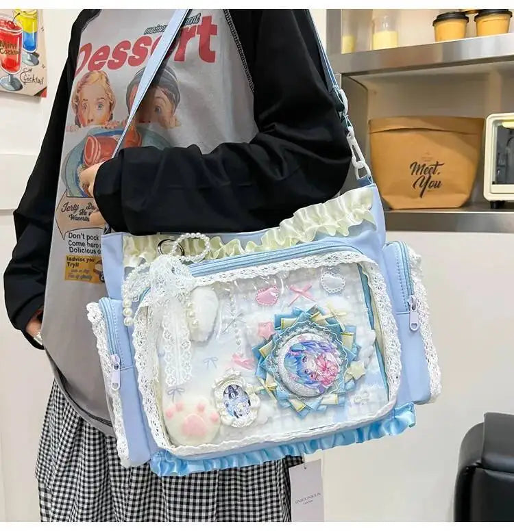 New Y2K Cute Japanese Ita Bag Lolita Girl Transparent Shoulder Tote Bag Large Capacity Crossbody Casual Bag DIY Display Handbags