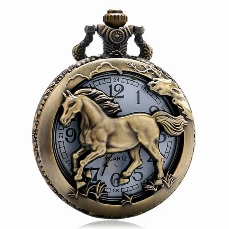 Vintage Bronze Hollow Horse Animal Design Quartz Pocket Watch With Necklace Gift Fashion New Men Women Exquisite Watches