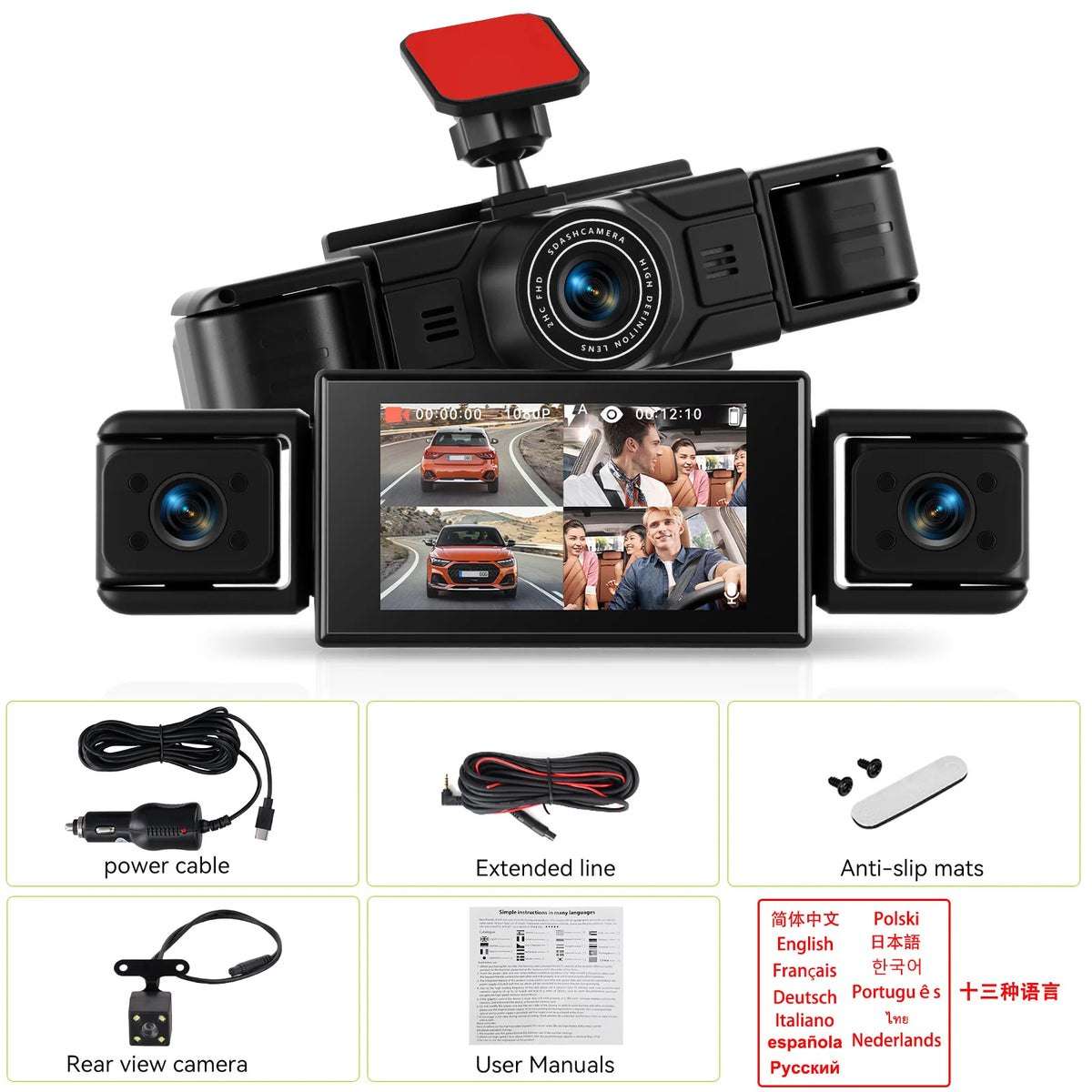 Podofo Dashcam for Cars 4 Channel Black Box WiFi Driving Camera 1080P Car Dash Cam with Four High-Definition Cameras, Including 480P Left Interior, Right Interior, and Rear Cameras Loop Recording, 360 Degree Protection Car D