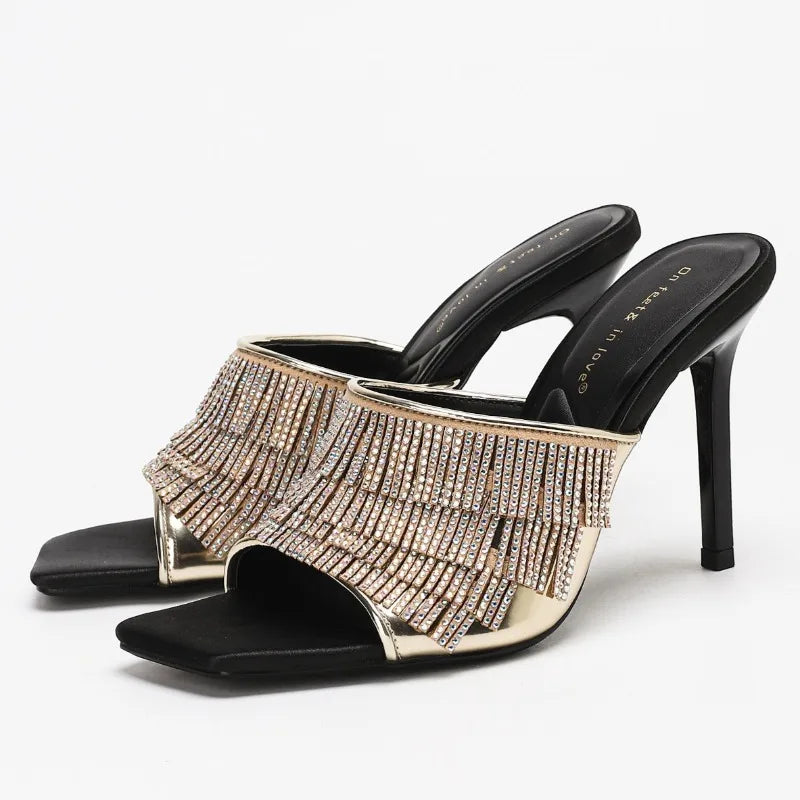 Sexy Rhinestone Designer Thin Heeled Slippers Women Open Toe 2026 New Elegant Party Dress Shoes Tassel Luxury High Heels Sandals