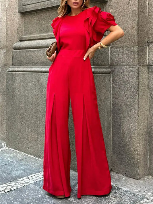 Modigirl Red Romper Jumpsuit Woman 2025 New Summer Falbala Short Sleeves Wide Leg Jumpsuits Woman Elegant Party Formal Clothes