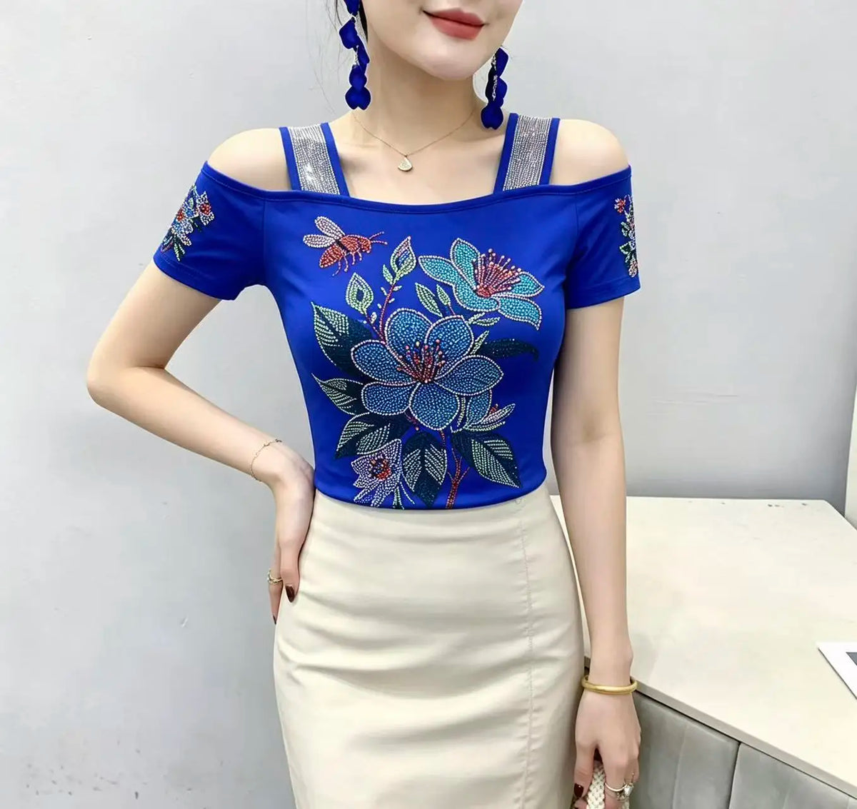 High Quality Elasticity Clothes Fashion T-Shirts Women's Sexy Off Shoulder Shiny Diamonds Mesh Tops Summer Tees Shirt