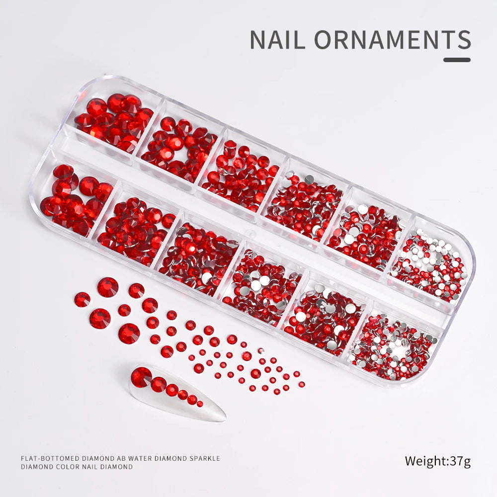 12Gird 3D Glass AB Crystal Nail Art Rhinestones Kit Flatback Round Bead Charm Gem Stones Jewelry Diamond with Tools for Nail Art