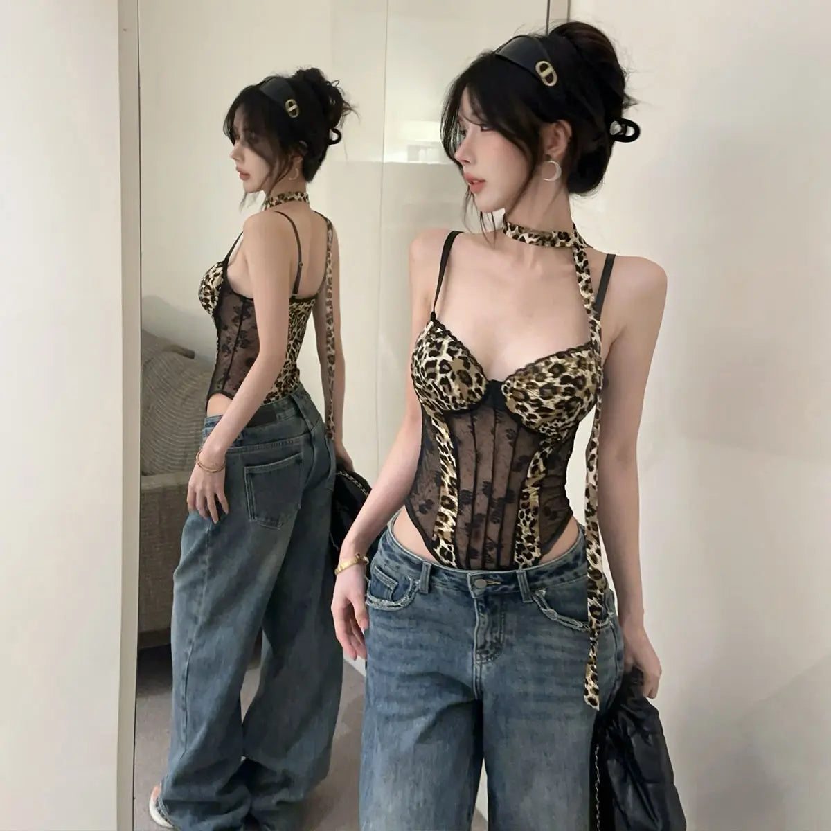 Mesh One-piece Leopard Print Suspender Vest Women's Summer American Sexy Strap Top