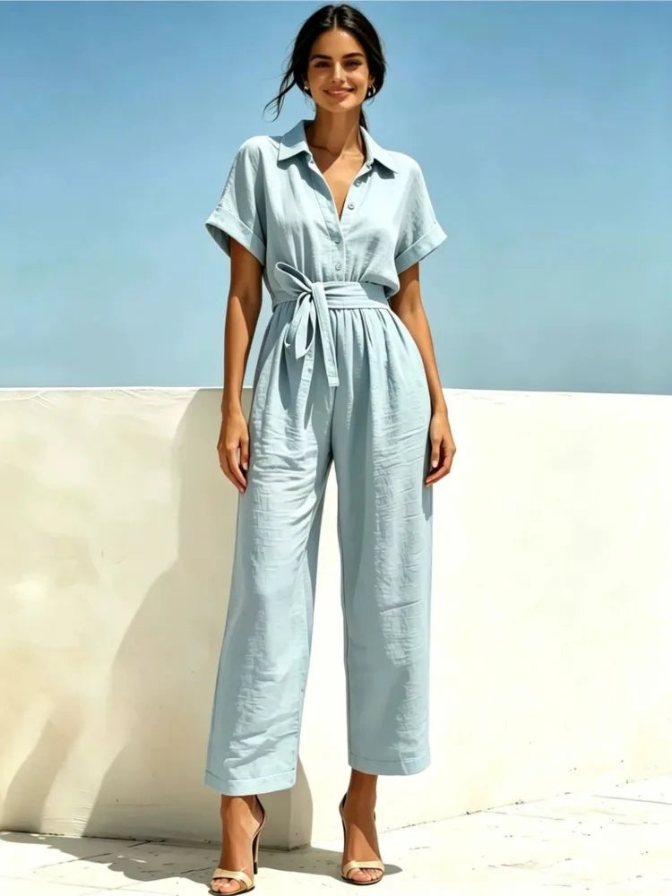 2026 Women's Shirts And Jumpsuits Fashion V-neck Lace Up Wide Legs Summer Casual Resort Female Short Sleeve Rompers Shirts Pants