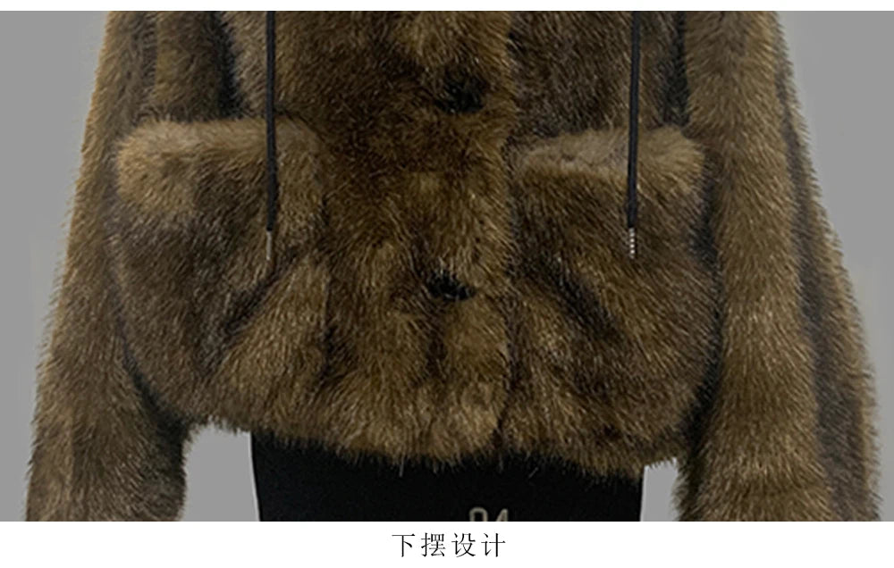 Nerazzurri Winter Short Oversized Thick Warm Shaggy Fuzzy Faux Fox Fur Coat Women Pockets Single Breasted Fluffy Hooded Jacket