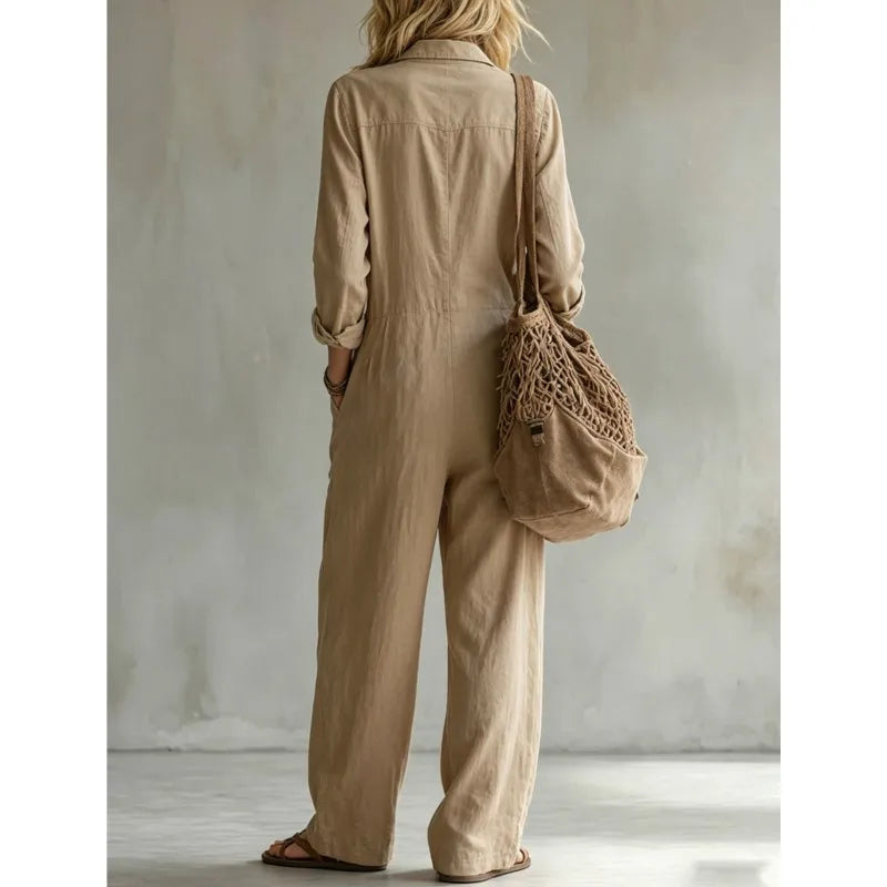 Autumn Simple Solid Women's Jumpsuit Fashion Button Half Open Design Loose Lapel Jumpsuits With Pocket Ladies Office Clothing