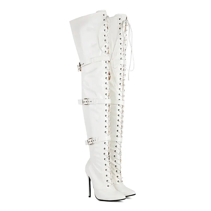 Sgesvier 2025 Jazz Dance High Heels Sexy Women Over the Knee Boots Female Knight Boots Pointed Zipper Pu Thin Heel 12CM Big Size
