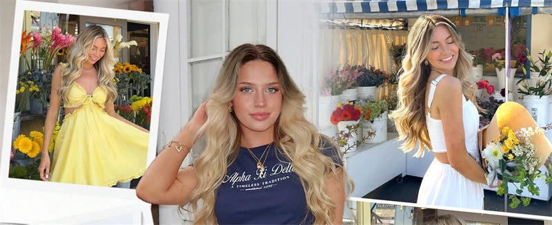 Blonde Balayage Lace Front Wig Free Part HD Lace Wig Realistic Look Dark Brown Roots Natural Wavy Synthetic Heat Resistant Fiber