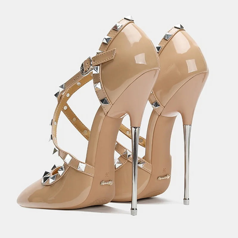 Women Rivet Cross Strap High Heel Sandals Sexy Pointed Toe Single Shoes for Nightclub Party Host Model Catwalk Cross Dressing