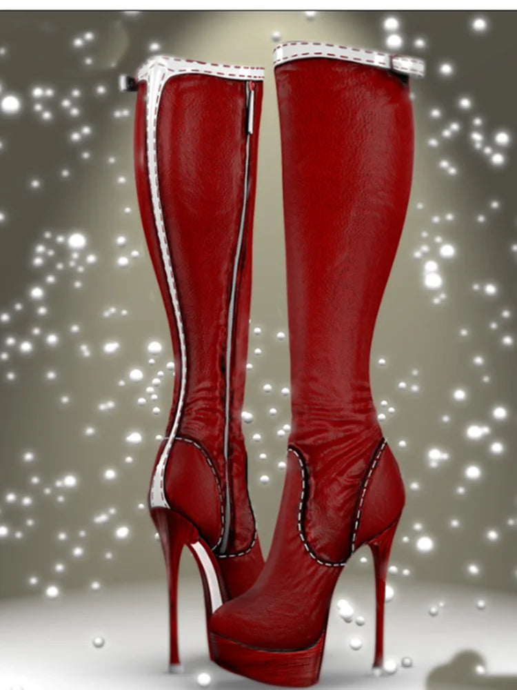 Red Zipper Knee HIgh Platform Boots Thin High Heel Round Toe Fashion Sexy 2025 Winter Big Size Woman Shoes Zapatillas Mujer