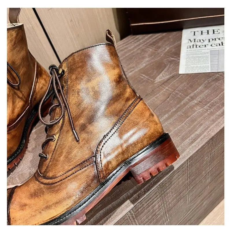 Fashion Cow Genuine Leather Motorcycle Boots Brogue Shoes Retro High Big Head Men's Mid-calf Chelsea Boots For Men Brown