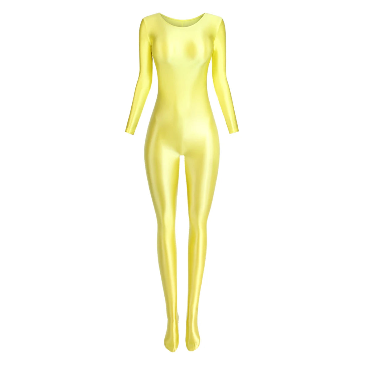 MJINM Women Smooth Overalls Long Sleeve Tights Round Neck Full Length Stretch Zentai Bodysuits Yoga Fitness One Piece Jumpsuits