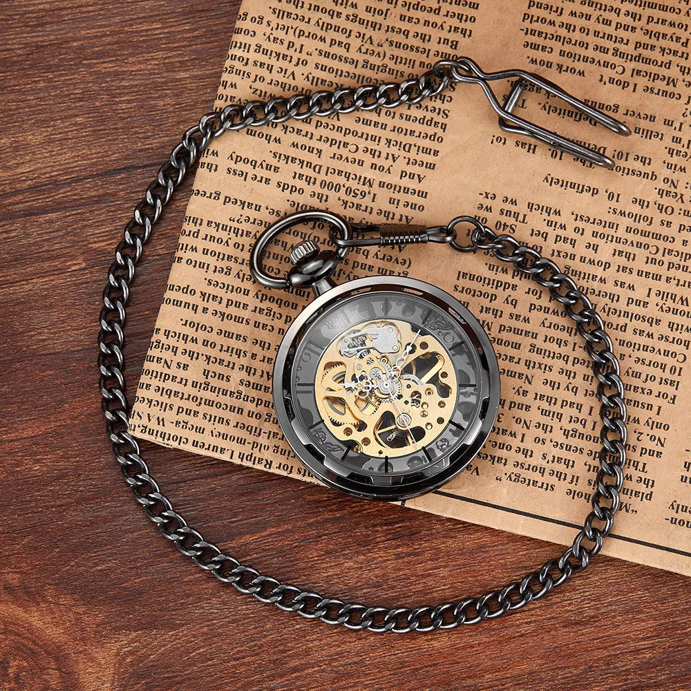 Vintage Transparent Hollow Women Men Skeleton Mechanical Pocket Watch Hand Winding With Waist Belts Chains Gift Watches Clock