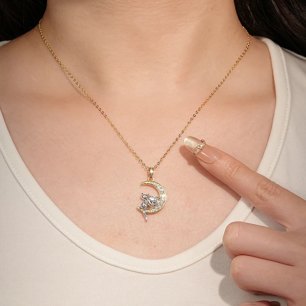 Celestinova GRA Certified 1.2ct Moissanite Moon Cat Pendant Necklace 14K Gold Plated Heart Cut Fine Jewelry Gift for Women