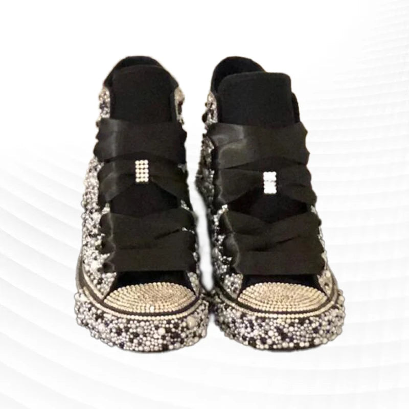 Handcrafted Black Diamond-Filled Party Personality Canvas Shoes Large Size High Top Lace-Up Casual Sports Women's Shoes 35-46