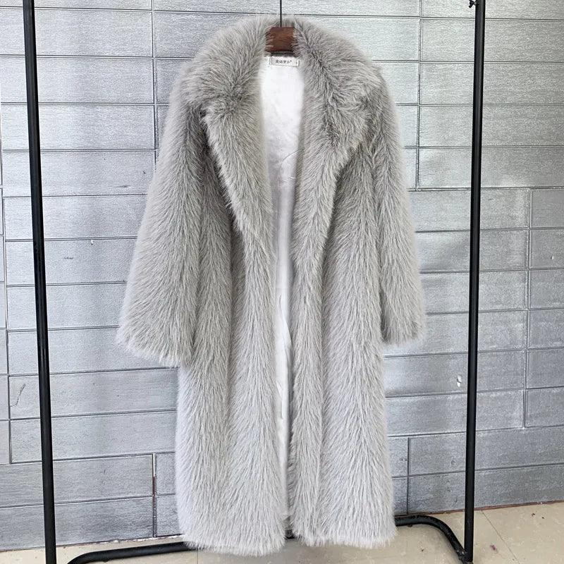 Women's Autumn Winter Long Maxi Faux Fur Coat Notched Lapel Collar Oversized Long Sleeve Pockets Thick Lady Warm Winter Overcoat