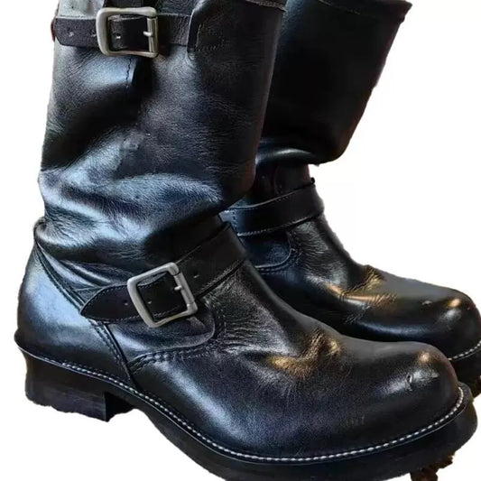 Men's Genuine Leather Engineer Boots Black Metal Buckle Strap Knight Boots Trendy Round Toe Mid-calf Motorcycle Boots