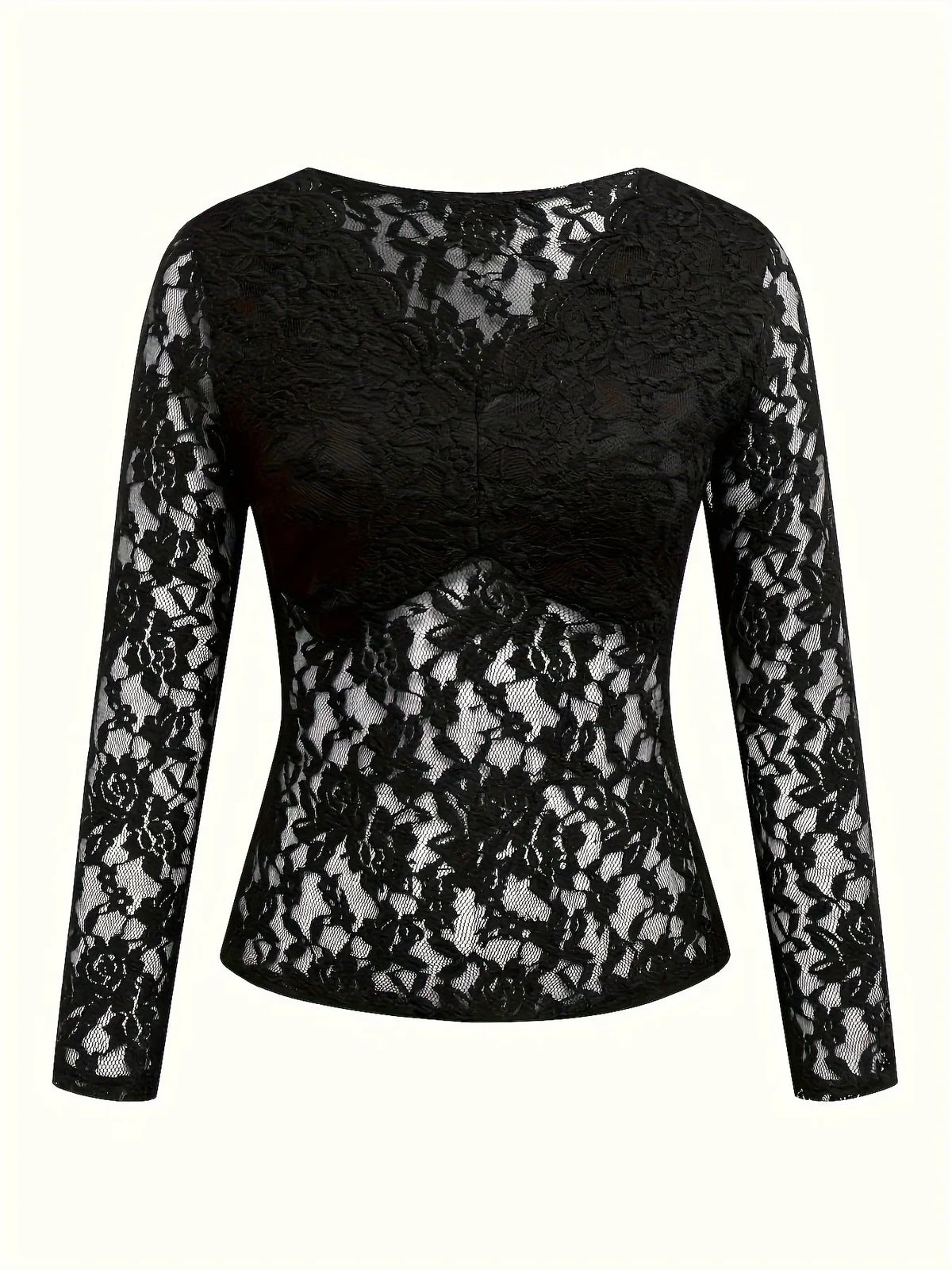 Women Lace V Neck Long Sleeve Sheer Mesh Floral Lace Top Slim Fit See Through Bodycon Jumpsuit for Party Clubwear Daily Wear