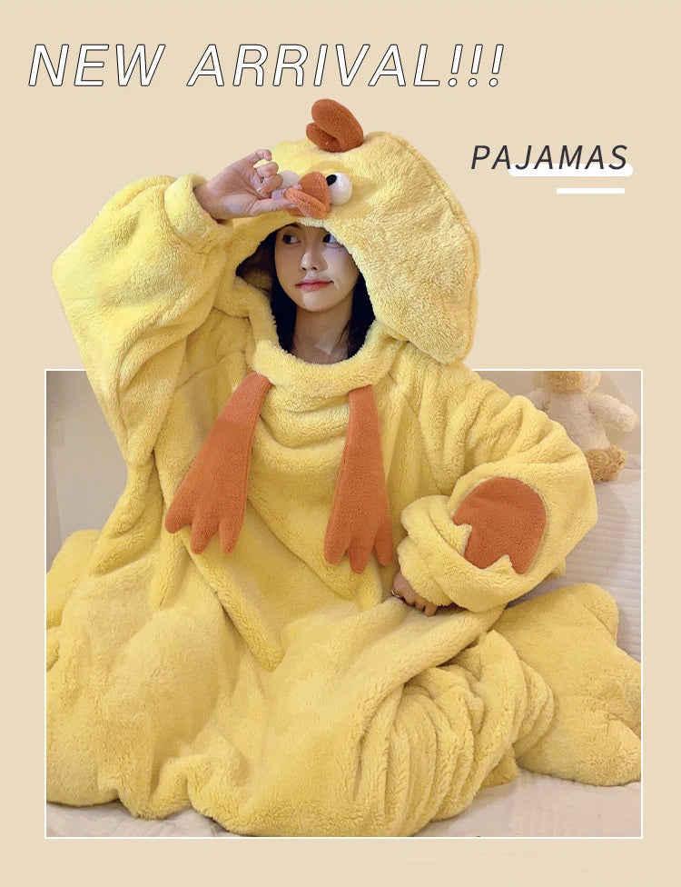 Women Onesies Little Yellow Chicken One-piece Pajamas Flannel Cute Funny Girls Homewear Cartoon Jumpsuit Couple Bestie Sleepwear