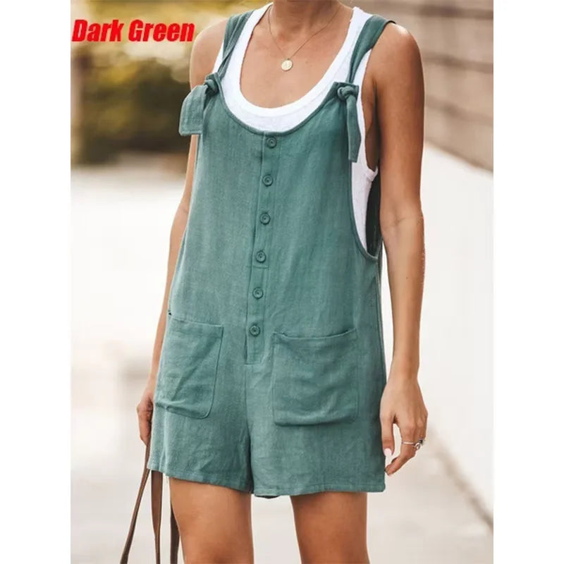 Summer Women's Solid Color Patch Pocket Tied Cotton Linen Suspender Pants Casual Classic Style High Waist Wide Leg