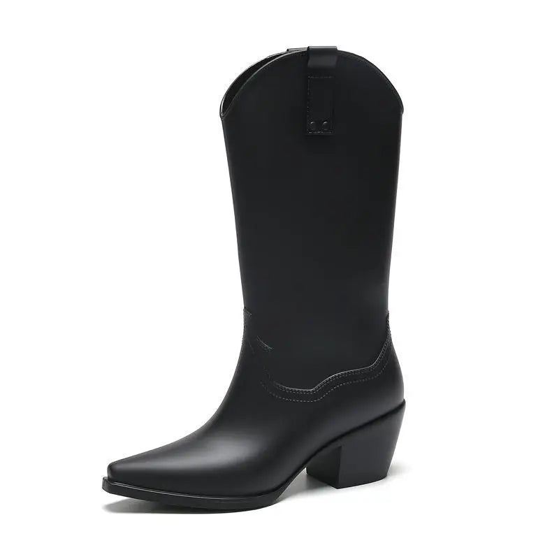 FHC Chunky High Heels Rain Boots,Women's Waterproof Mid Calf Botas,Kitchen Work Shoes,Cowboy Booties,Black,PInk,Red,Dropship