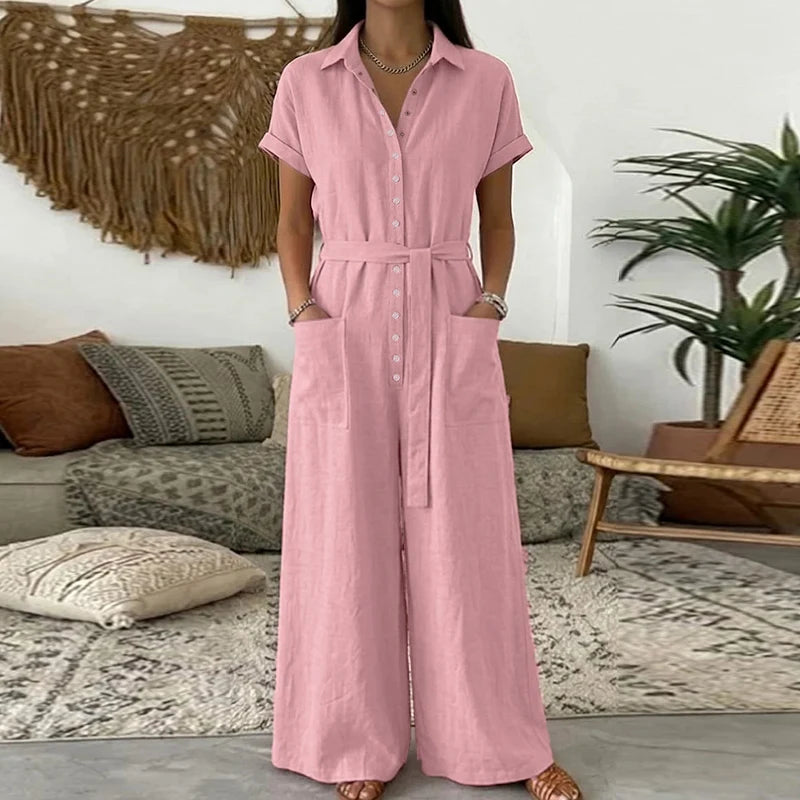 Plus Size VONDA Summer Vacation Style Jumpsuits Women Elegant Solid Color Long Overalls Short Sleeve Elegant Belts Playuits
