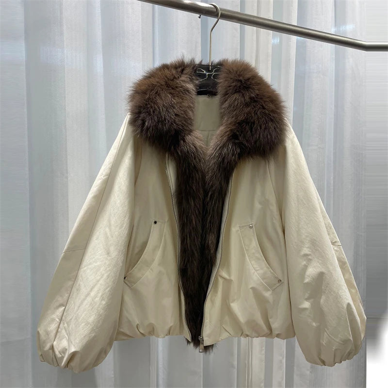 Women Winter Fox Fur Collar Short Puffer Jacket White Duck Down Thick Warm Loose Fit Parka Luxury Fashion Casual Outerwear Coat