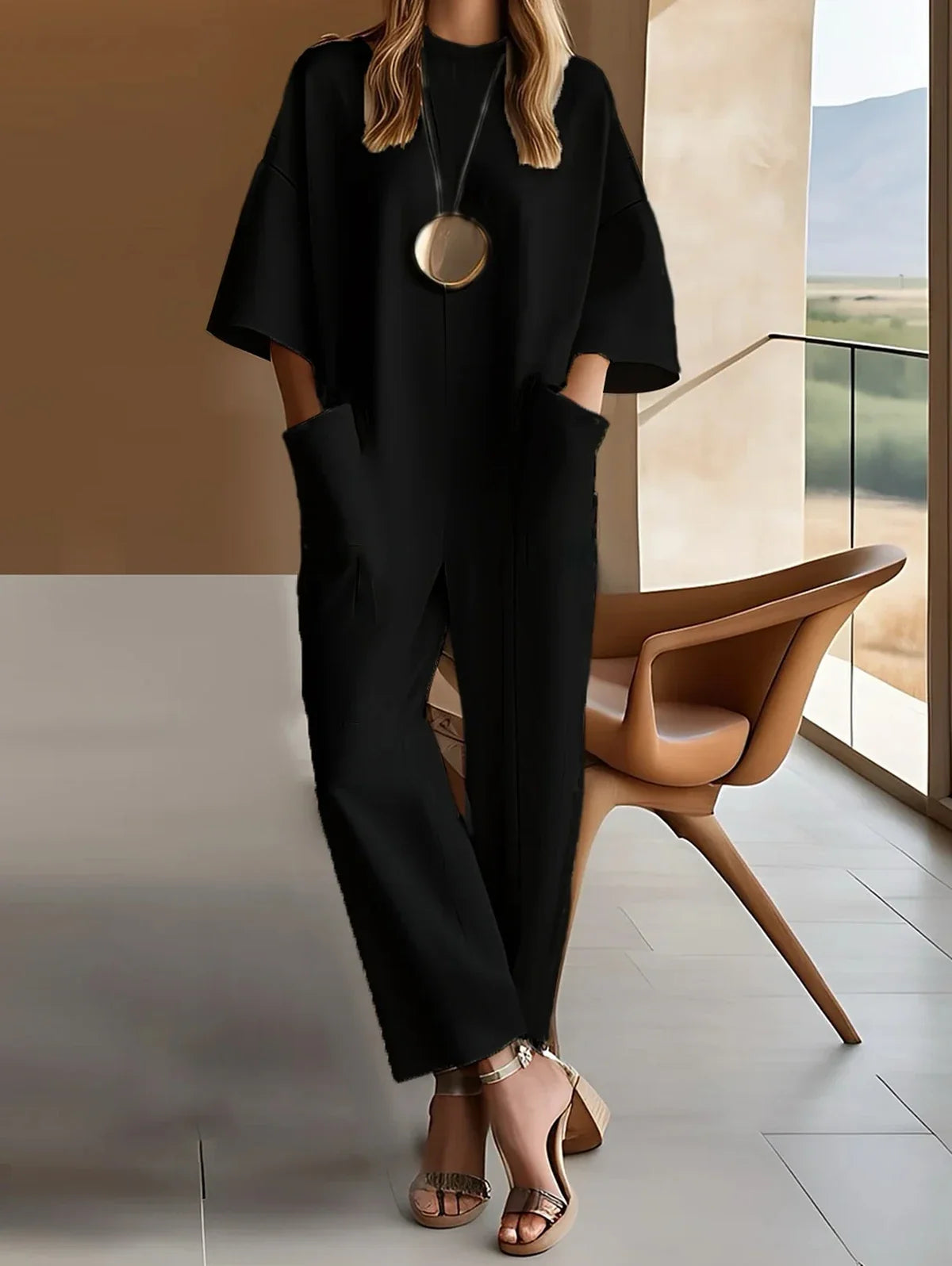 Womens Loose Jumpsuit Pockets Round Neck Straight Pant Minimalist White Streetwear Playsuits Office Lady Rompers One Piece Sets