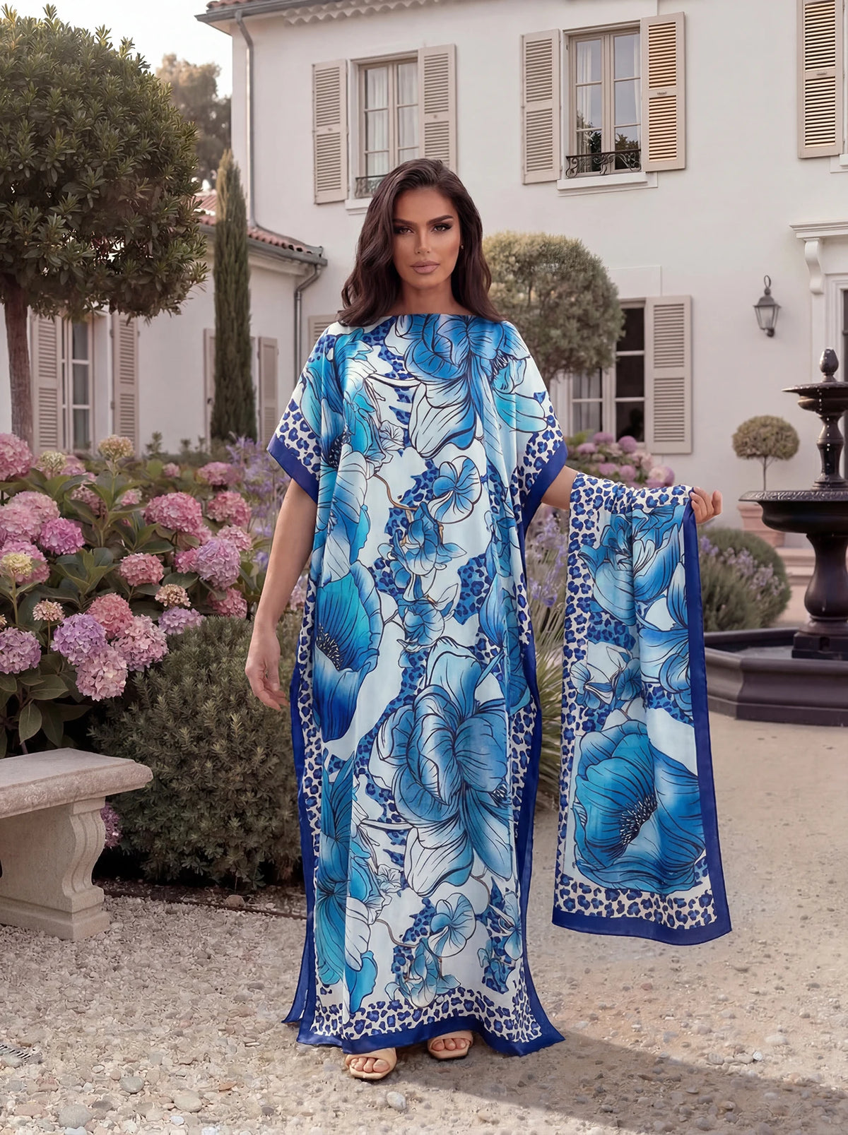Tropical Floral Leopard Print Satin Abaya Scarf Set, Loose Batwing Maxi Kaftan For Muslim Women Summer Beach Vacation Wear
