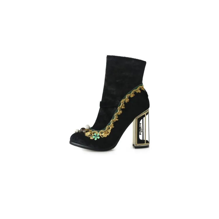 Royal Gemstone Jeweled Flower Velvet Ankle Boots Floral Crystal Cage Fretwork High Heels Blue Red Black Woman Bridal Booties