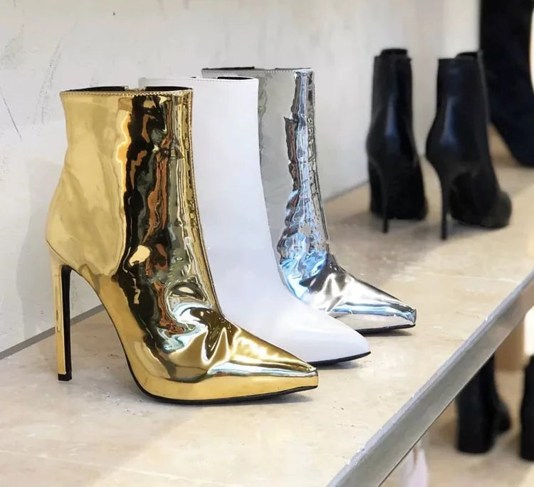 Design Ankle Boots Women Fashion Zipper Pointed High Heels Gold Silver Patent Leather Short Booties Shoes Catwalk Shoes