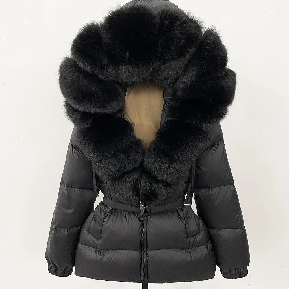 Hot Sale Women Luxury Black Down Jacket Waist‑Cinched Design High‑End Elegant Real Big Fox Fur Hooded Collar Winter Outerwear