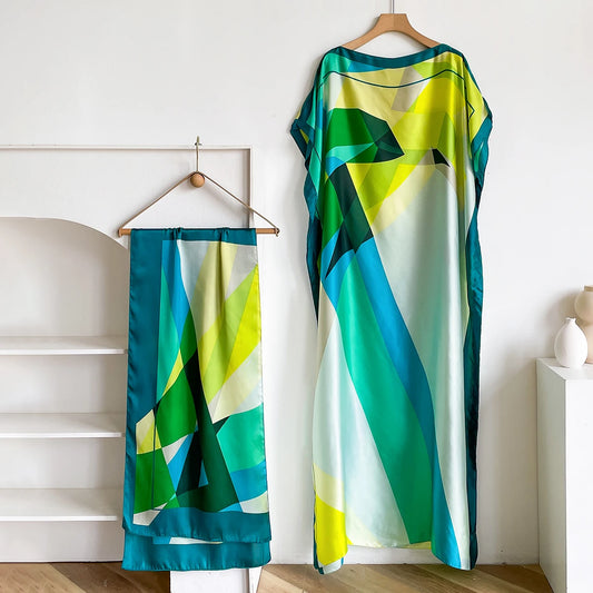 2025 New African Fashion Short Sleeve Colored Pattern Dubai Women Summer Real Silk Soft Printing Loose Tradition Muslim Dress
