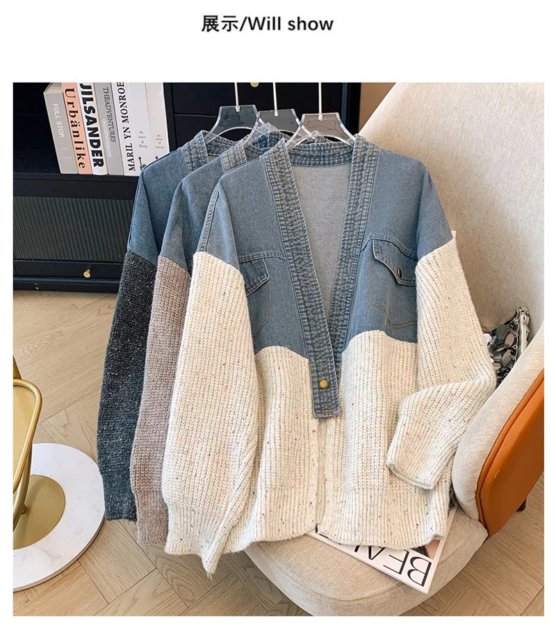 Fat mm200 Pounds Vintage Denim Patchwork Sweater Coat ins Fashion Woman 2024 Autumn and Winter Thickened Loose Niche Cardigan
