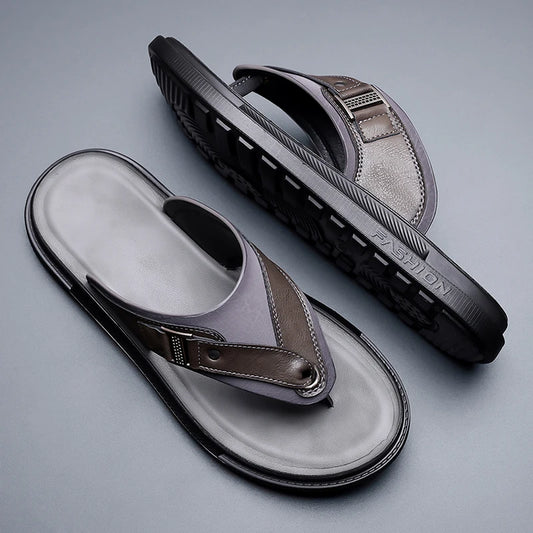 New Trend Men's Flip Flops Leather Beach Sandals Quick Dry Water Shoes Non Slip Summer Slippers Outdoor Slides Walking Sandalias