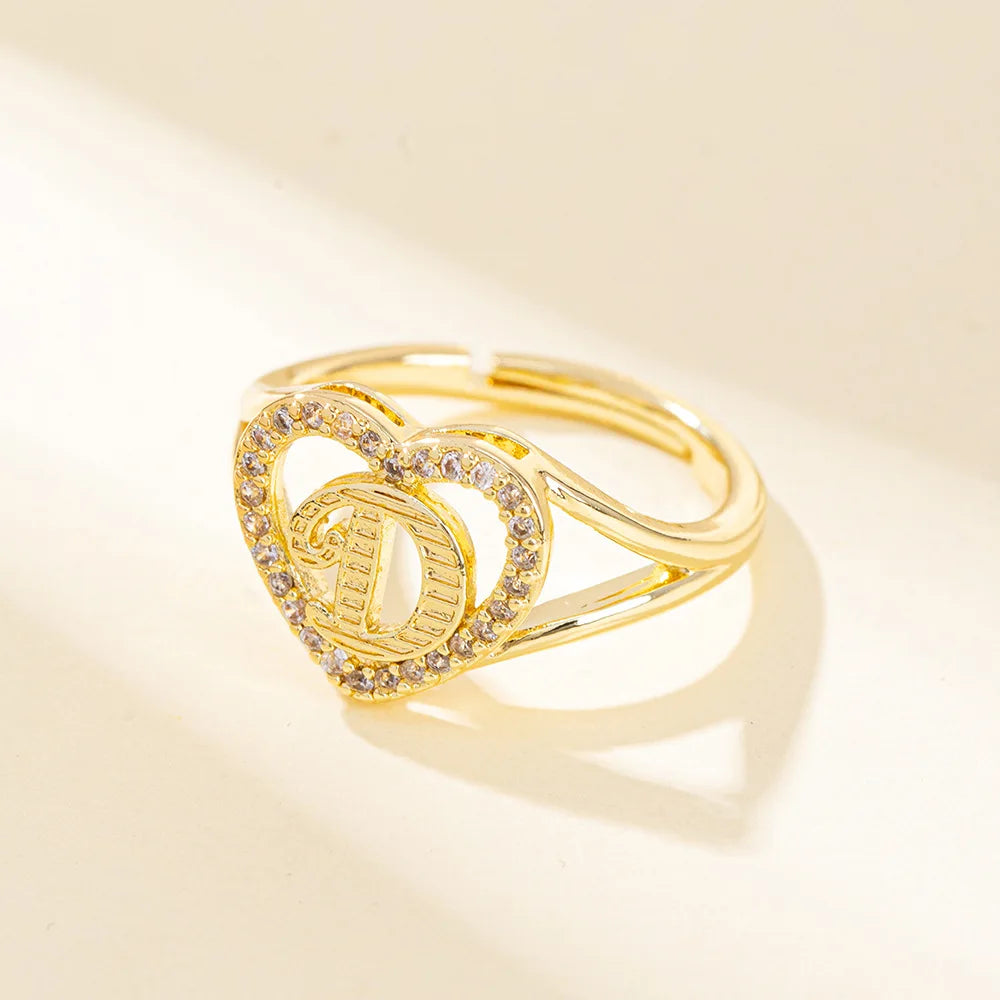 White Zircon 26 Letters A-Z Love Heart Open Adjustable Rings For Women Gold Silver Color Wedding Band Jewelry Mother's Day Gifts