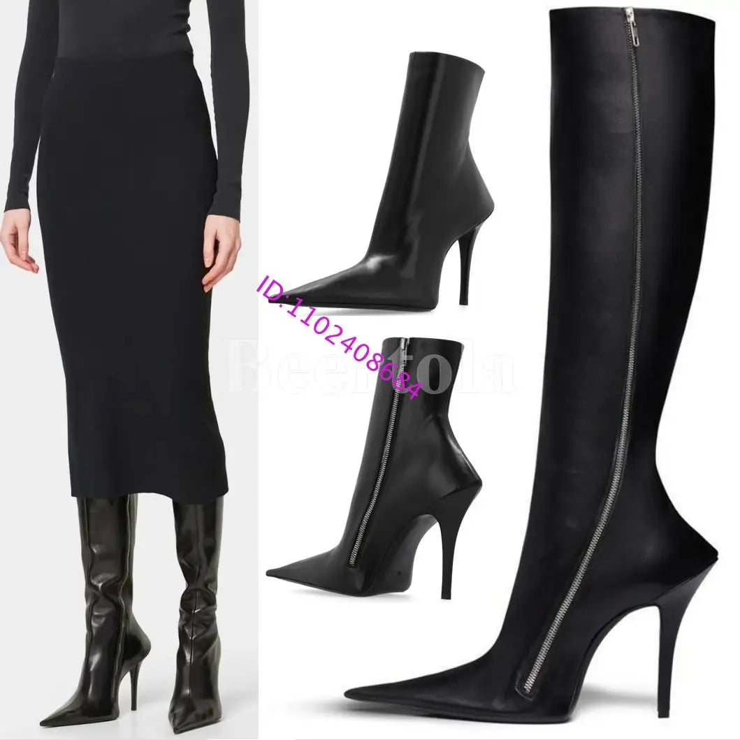 Black Leather Pointed Toe Ankle Boots Woman High Heels Stiletto Side Shaped Zipper Knee-High Boots Lady Sexy Boots